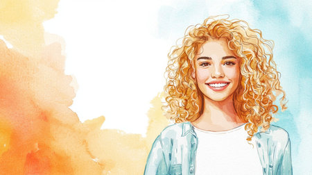 Teen Latino Woman with Blond Curly Hair watercolor illustration.の素材