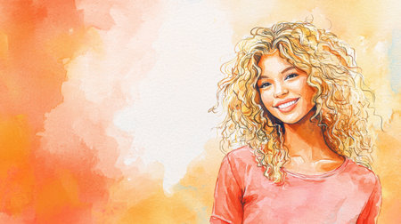 Teen Latino Woman with Blond Curly Hair watercolor illustration.の素材