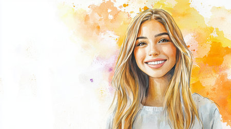 Teen Latino Woman with Blond Straight Hair watercolor illustration.の素材