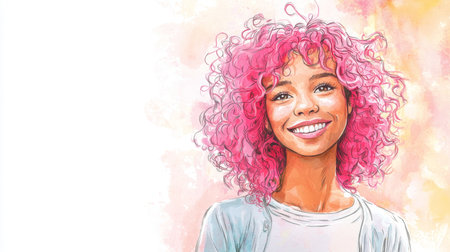 Teen Latino Woman with Pink Curly Hair watercolor illustration.の素材