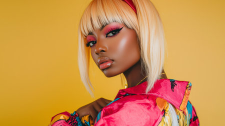 Adult Black Woman with Blond Straight Hair photorealistic illustration.の素材