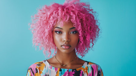 Adult Black Woman with Pink Curly Hair photorealistic illustration.の素材