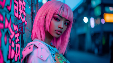 Adult Black Woman with Pink Straight Hair photorealistic illustration.の素材