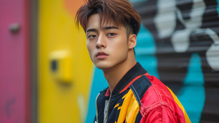 Adult Chinese Man with Brown Straight Hair photorealistic illustration.の素材