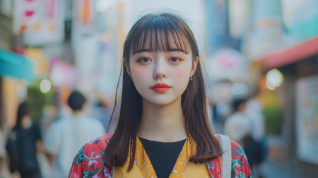 Adult Chinese Woman with Brown Straight Hair photorealistic illustration.の素材