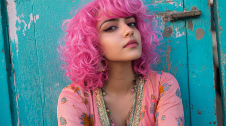Adult Indian Woman with Pink Curly Hair photorealistic illustration.の素材