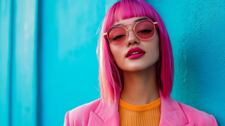 Adult Latino Woman with Pink Straight Hair photorealistic illustration.の素材