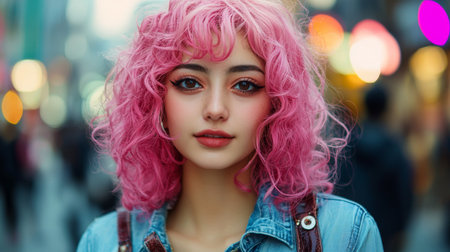 Adult Persian Woman with Pink Curly Hair photorealistic illustration.の素材