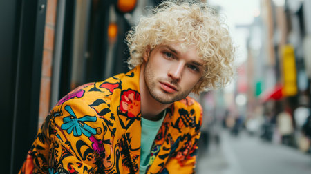 Adult White Man with Blond Curly Hair photorealistic illustration.の素材