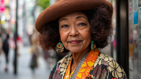 Old Black Woman with Brown Curly Hair photorealistic illustration.の素材