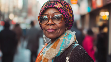 Old Black Woman with Brown Straight Hair photorealistic illustration.の素材