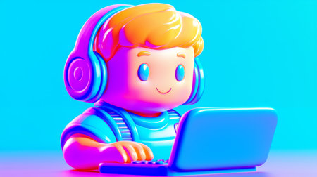 Internet Radio Listening Plastic-like 3D cartoon style illustration.の素材