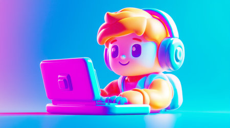 Internet Radio Listening Plastic-like 3D cartoon style illustration.の素材