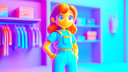 Shopping at a Vintage Clothing Store Plastic-like 3D cartoon style illustration.の素材