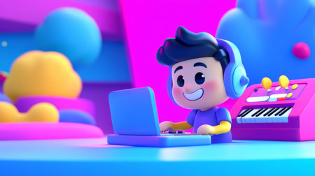 Digital Music Production 3D toy-like cartoon style illustration.の素材