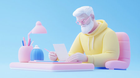 Senior Man Writing Letter Minimalistic 3D soft illustration.の素材
