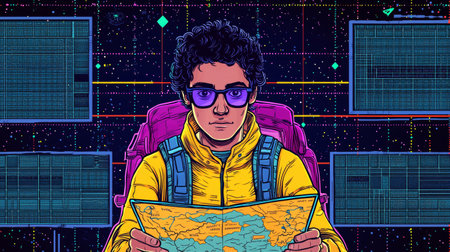 Man Reading a Map Retro-futuristic illustration with vibrant neon accents.の写真素材