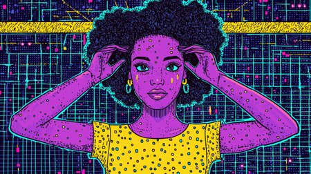 Woman Putting on Earrings Retro-futuristic illustration with vibrant neon accents.の写真素材