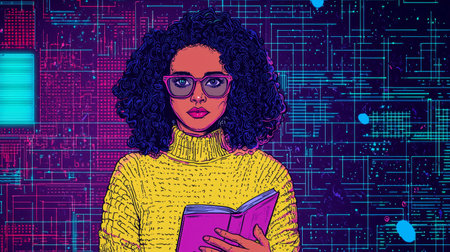 Woman Holding a Book Retro-futuristic illustration with vibrant neon accents.の写真素材