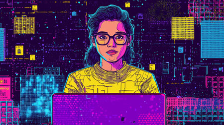 Woman Shopping Online Retro-futuristic illustration with vibrant neon accents.の写真素材