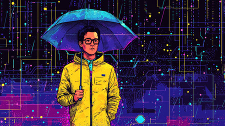 Man Walking in Rain with Umbrella Retro-futuristic illustration with vibrant neon accents.の写真素材