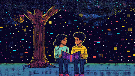 Children Reading Together illustration with vibrant neon accents.