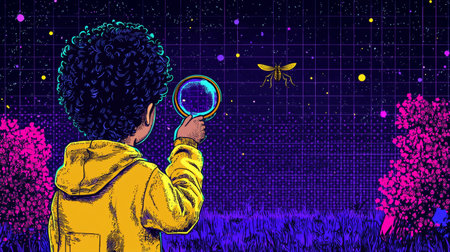 Child Exploring with Magnifying Glass Retro-futuristic illustration with vibrant neon accents.の写真素材