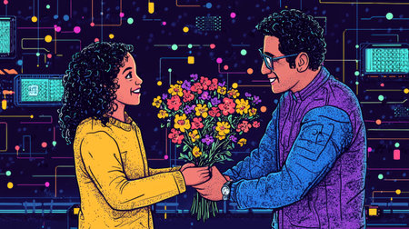 Child Giving Flowers Retro-futuristic illustration with vibrant neon accents.