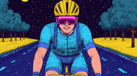 Man Cycling Retro-futuristic illustration with vibrant neon accents.の写真素材
