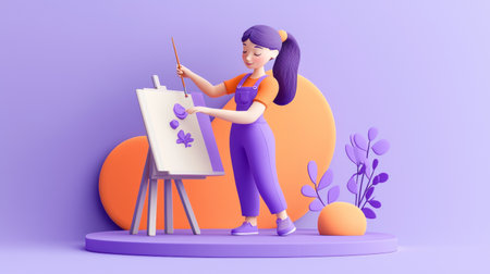 Girl Painting a Picture Soft colors 3D illustration.の素材
