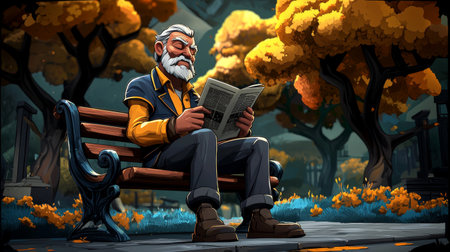 Elderly Man Reading Newspaper in Park Anime 3D illustration.の素材