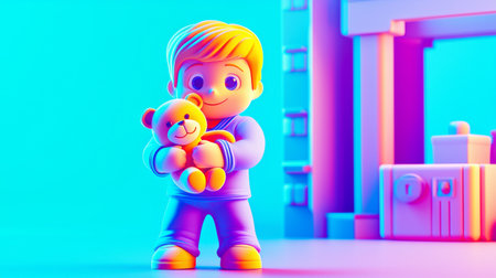 A curious white boy hugging a teddy bear Plastic-like 3D cartoon style illustration.の素材