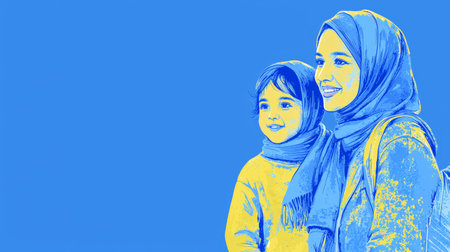 A gentle Middle Eastern mother tying her daughters hijab Pop art aesthetics illustration.の素材