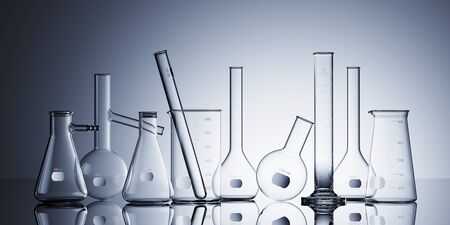 Minimal composition for medical and scientific concept. Set of laboratory glassware on white background. 3d rendering illustration.の写真素材
