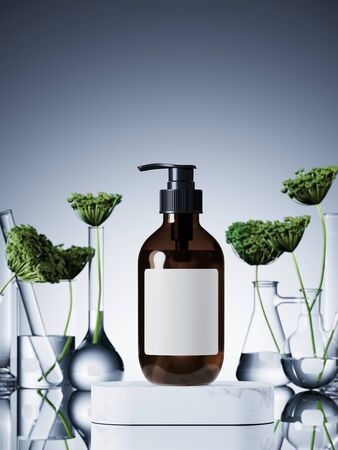 Minimal cosmetic composition for natural and organic concept. Cosmetic bottle on white marble podium. Green leaves in set of laboratory glassware on white background. 3d rendering illustration.の写真素材