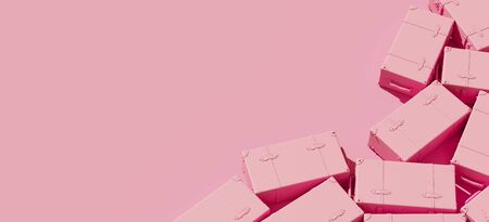 Minimal composition for travel journey concept. Pink suitcase on pink background. 3d rendering illustration.の写真素材
