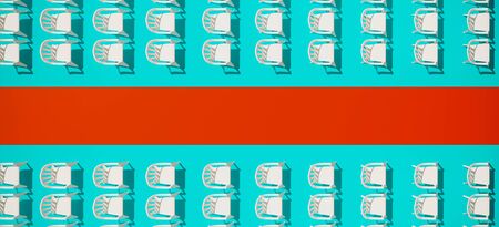 Minimal composition for meeting and event concept. Rows of empty white plastic chairs on blue and...