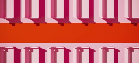 Minimal composition for love and wedding ceremony concept. Red carpet along row of pink church pew...