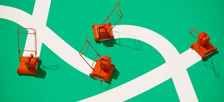Minimal composition for garden and summer concept. Lawn mower and white path on green background. 3d rendering illustration.の写真素材