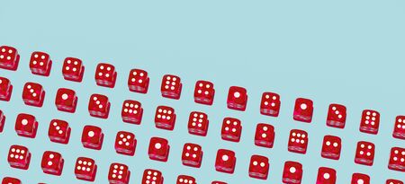 Minimal composition for hope and fortune concept. Red gaming dices pattern on blue background. 3d rendering illustration.の写真素材