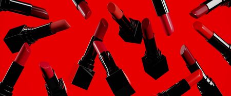 Beauty concept background. Closeup red color lipsticks on red background. 3d rendering illustration.の写真素材