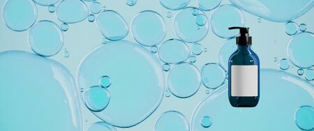 Beauty concept background. Cosmetic bottle and closeup cosmetic liquid gel with bubbles on blue...