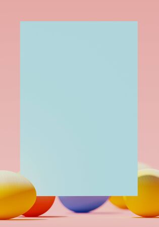 Abstract background holiday concept. Blue paper on colorful Easter eggs, on pink background. 3d rendering illustration.の写真素材