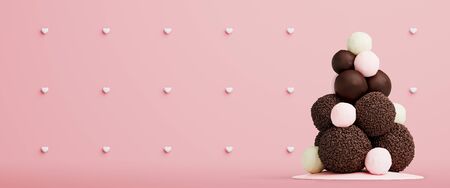 Valentine's Day and love background.  Sweet tree made of chocolate ball with pink heart on pink...