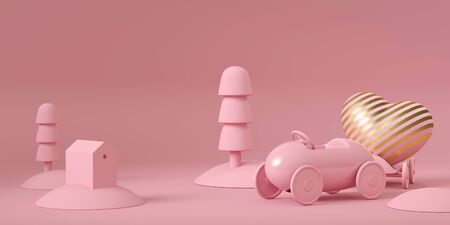 Luxury stripe gold heart on toy car on pink background. riding with love. horizontal format. 3d rendering illustrationの写真素材