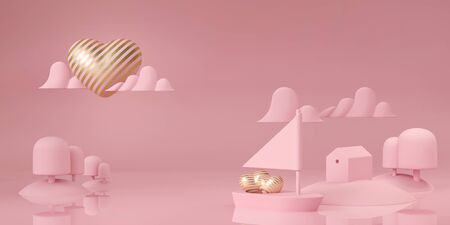 Luxury stripe gold heart on pink boat sailing in the sea on pink background. Love like sun shine. Sailing with love. 3d rendering illustrationの写真素材
