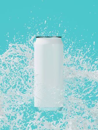Milk splash on beverage can on blue background. 3d rendering illustration. Clipping path of each element included.の写真素材