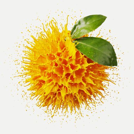 Abstract object for food and beverage presentation. Orange juice splash on white background. 3d rendering illustration. Clipping path of each element included.の写真素材