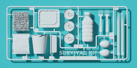 Abstract of saving money background for business and finance concept. White plastic assembly kit of "Survival Kit" with instant and budget food. 3d rendering illustration.の写真素材