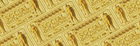 Background for coronavirus outbreak. Yellow plastic assembly kit of "SOCIAL DISTANCING 2m(6')",COVID-19 virus and human figure with medical mask . 3d rendering illustration.の写真素材